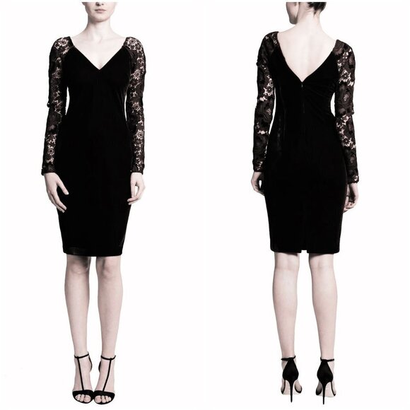 NWT Badgley Mischka Black Velvet and Lace Cocktail Dress $495 - Picture 1 of 15